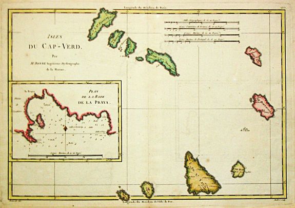 Old map by Bonne, R. - Isles du Cap -Verd. / Plan de la Rade de la Praya.