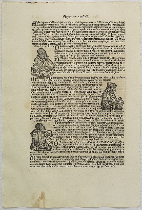 SCHEDEL, H. -  [Text page with portrait of Matheolus Perusinus, Kings and Roman personalities. ] Sexta Etas Mundi CCLII 