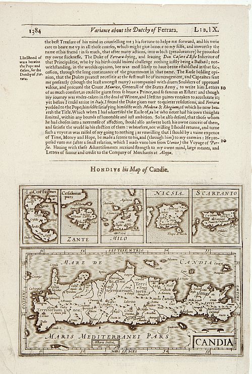 HONDIUS, J. / PURCHAS, S., Candia, Corfu, Zante, Milo, Nicsia, Scarpanto., antique map, old maps