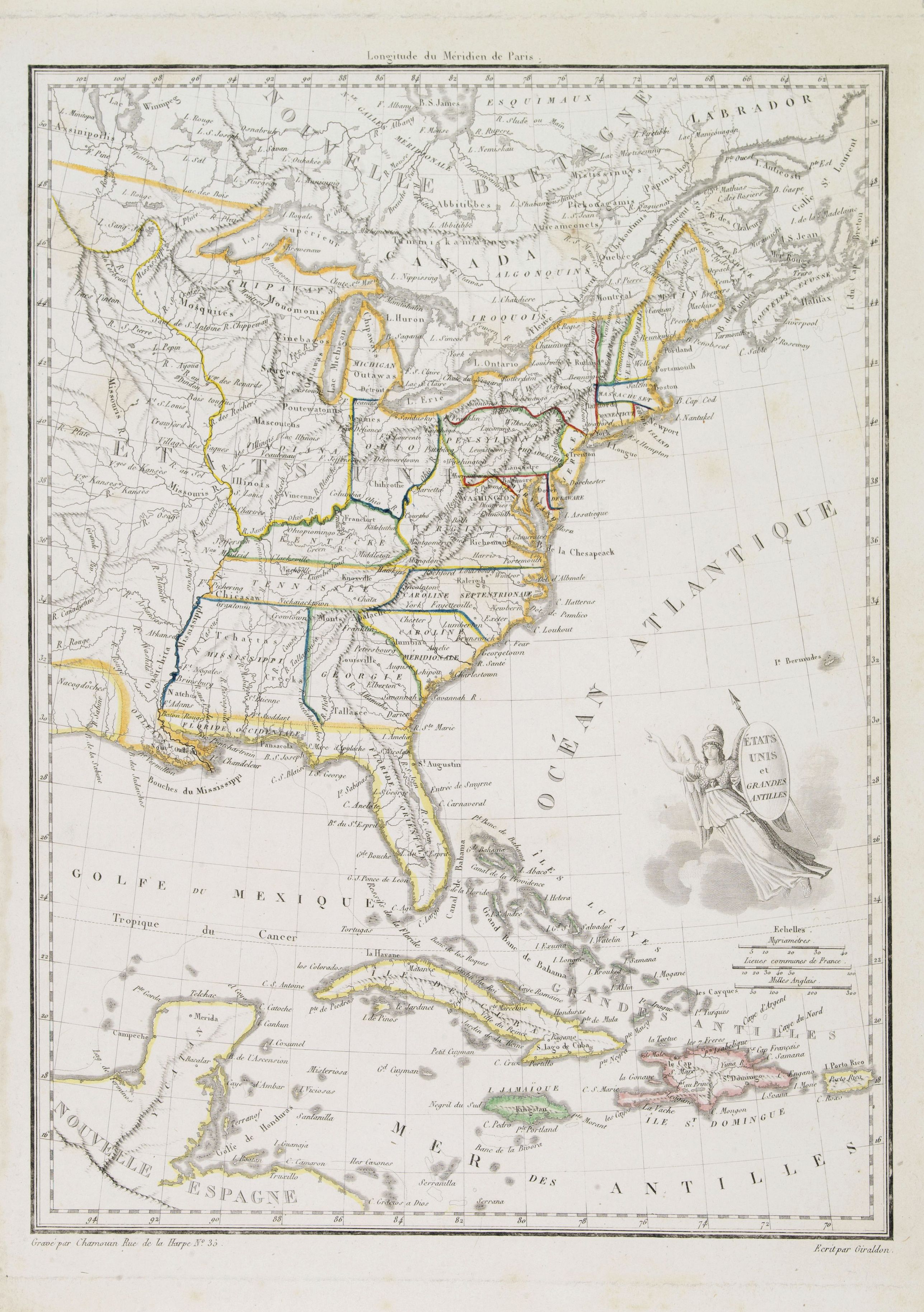 CHAMOUIN,  �tats Unis et Grandes Antilles., antique map, old maps
