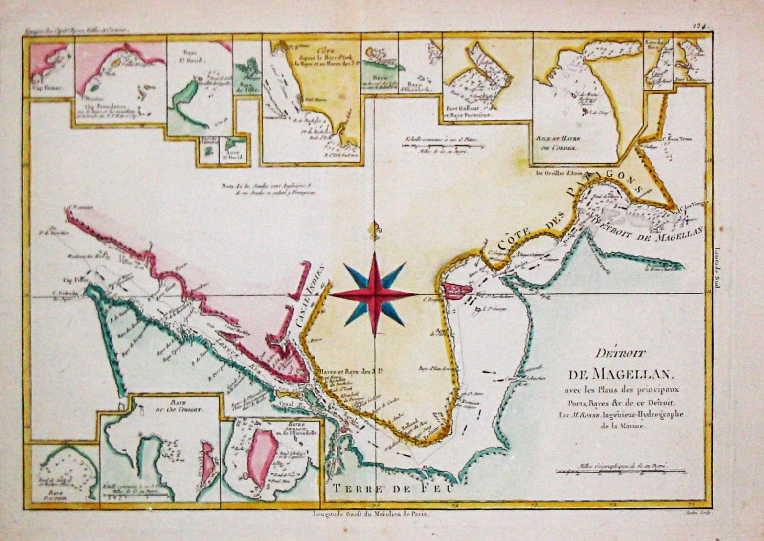 BONNE, R., Détroit de Magellan, avec les Plans des principaux ports, Bayes etc. de ce Détroit., antique map, old maps