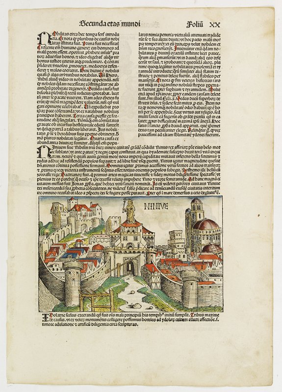 Old map by SCHEDEL - Secunda Etas Mundi. Ninive Folio XX. (With view of city of Ninive, in the northern part of Iraq.)