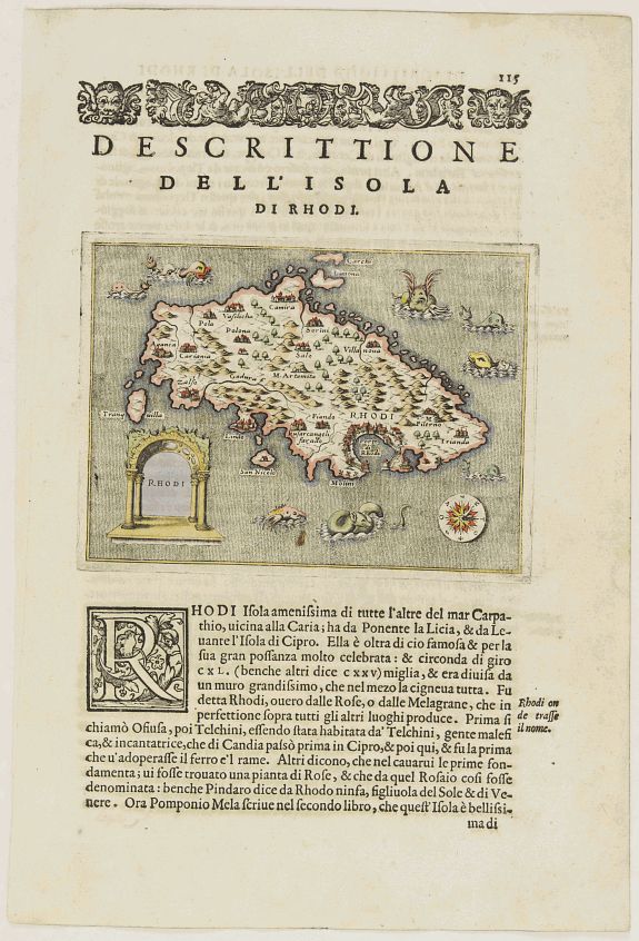 PORCACCHI,Th., Rhodi., antique map, old maps