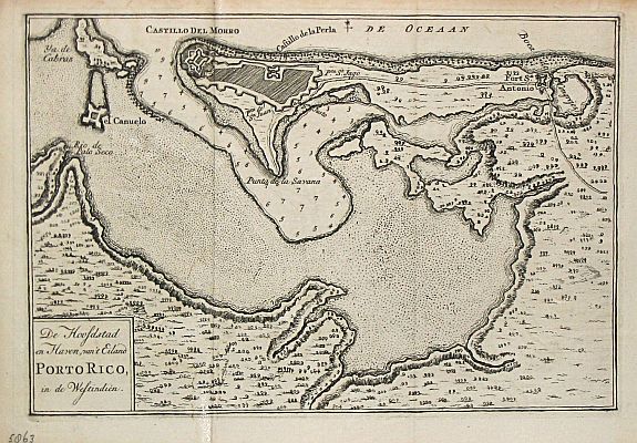 TIRION, I., De Hoofdstad en Haven van 't Eiland Porto Rico in de Westindien., antique map, old maps