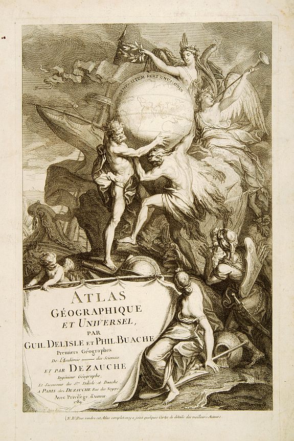 L'ISLE, G. de. / DEZAUCHE, J.A.,   (Title page) Atlas G�ographique et Universel par Guil.DeLisle et Phil. Buache Premiers G�ographes De l'Acad�mie des Sciences.., antique map, old maps