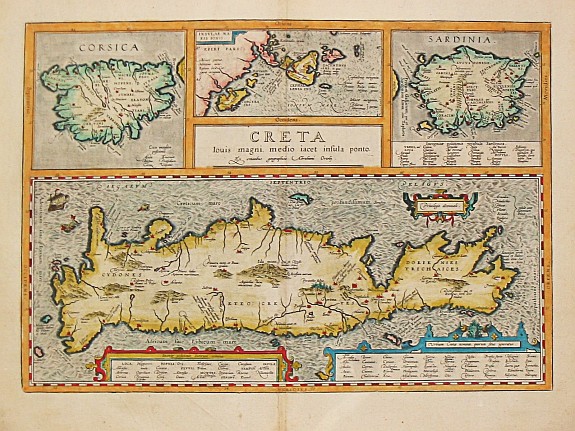 Ortelius, A., CRETA - CORSICA - INSULAE MARIS IIONI - SARDINA., antique map, old maps