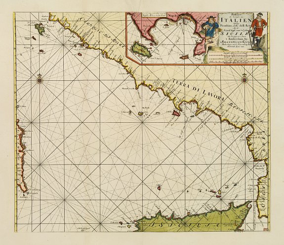 Old map by KEULEN - Paskaart der Zeekusten van Italien Tusschen Piombino en C. dell Arme Met de Noord-kust van 't Eylandt Sicilia..