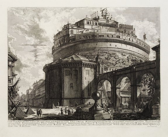 Old map by PIRANESI -Veduta del Mausoleo d'Elio Adriano (ora chiamato Castello S.Angelo) nella parte opposta alla Facciata dentro al Castello.