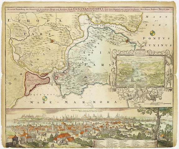 Old map by HOMANN,J.B. - Accurate Vorstellung der Orientalisch Kayserlichen Haupt- und Residenz-Stadt Constantinopel samt ihrer Gegend und zweven ber�hmten Meer-Engen Bosphoro Thracio und Hellesponto.. antique map