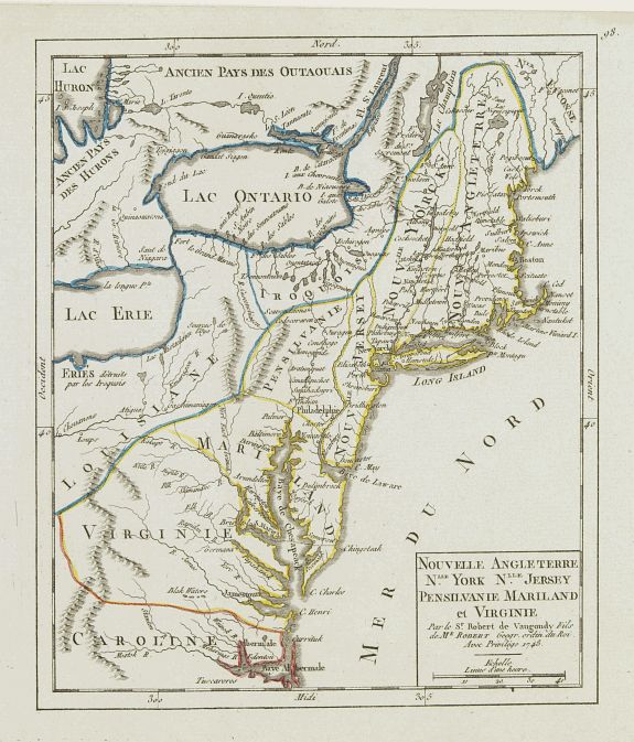 VAUGONDY, R. de,  Nouvelle Angleterre N.lle York N.lle Jersey Pensilvanie Mariland et Virginie., antique map, old maps