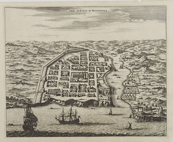 MONTANUS,A., Urbs Domingo in Hispaniola., antique map, old maps