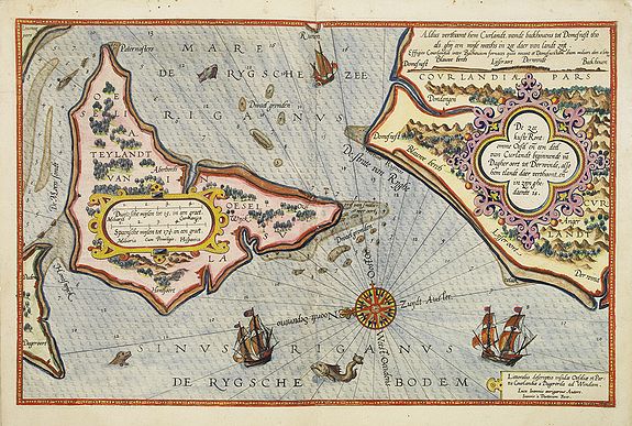 WAGHENAER, L. J., De Zee kuste Rontomme Oesel eb een deel van Curlandt beginnende va Dagher oort tot Der winde . . ., antique map, old maps
