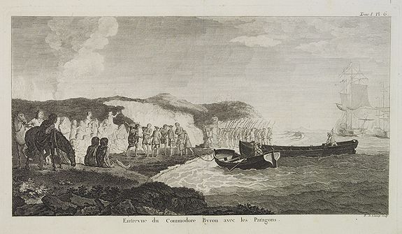 COOK, Captain James.,  Entrevue du Commodore Byrou avec les Patagons.  [Tome I Pl. 6.], antique map, old maps