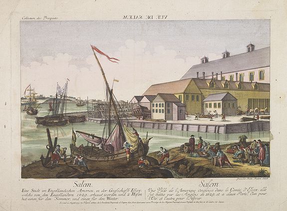 ACADEMIE, Vu� de Salem. (reversed) Salem - eine stadt in Engell�ndischen America, in der Grafschafft Essex, ... Salem - une ville de l'Amerique Angloise dans le Comte d'Essex, ... / grav� par Balth. Frederic Leizelt.., antique map, old maps