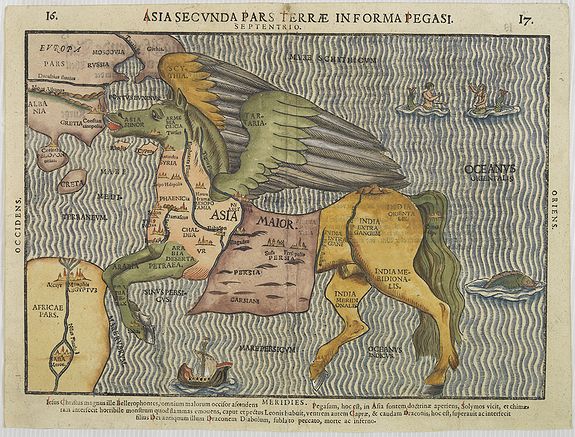 B�NTING, H., Asia secunda pars terrae in forma Pegasi. [Asia is presented as the mythical winged horse Pegasus.], antique map, old maps