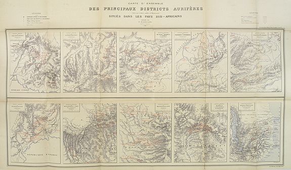 Old map by BIANCONI -Carte d'Ensemble des Principaux Districts Aurifères (autre que le district aurifère de Witwatersrand) situés dans les pays Sud africains.