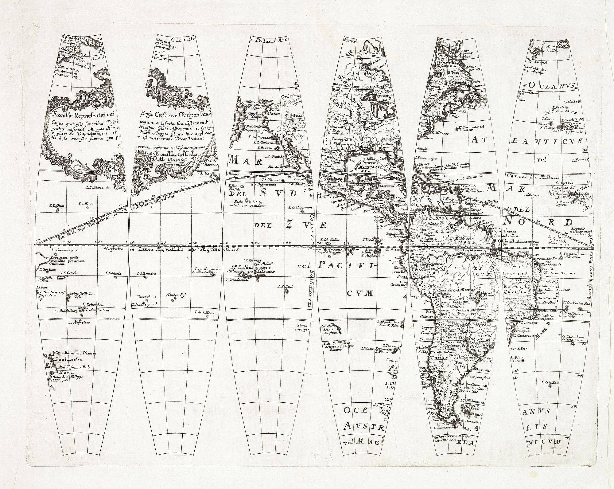 DOPPELMAYR, J.G.,  [Six engraved gores for a 20cm diameter terrestial globe, showing the western hemisphere], antique map, old maps