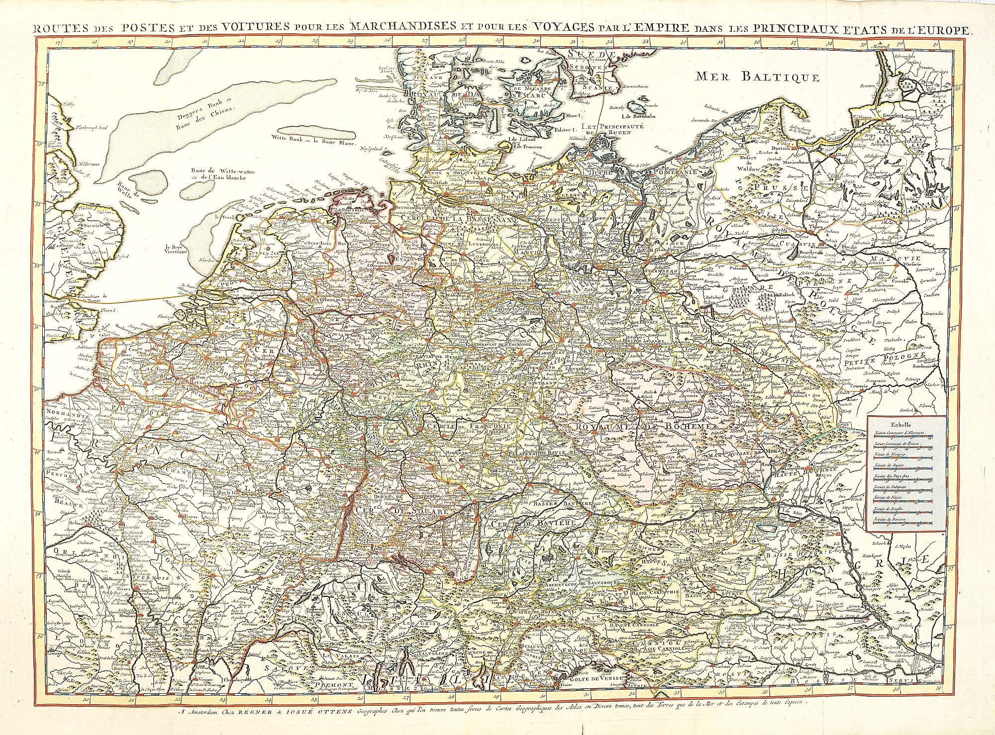 OTTENS, R. & J.,  Routes des postes et des voitures pour les marchandises et pour les voyages . . ., antique map, old maps