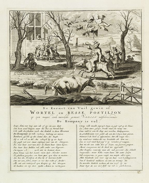 Old map by ANONYMOUS - De kornet van vuil gewin of wortel en besse postiljon op zyn mager, doch niewlyks gemest varken uitschreewende de kompany is vol.