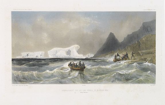Old map by DUMONT D'URVILLE - Débarquement sur les iles Powell, le 20 février 1838.