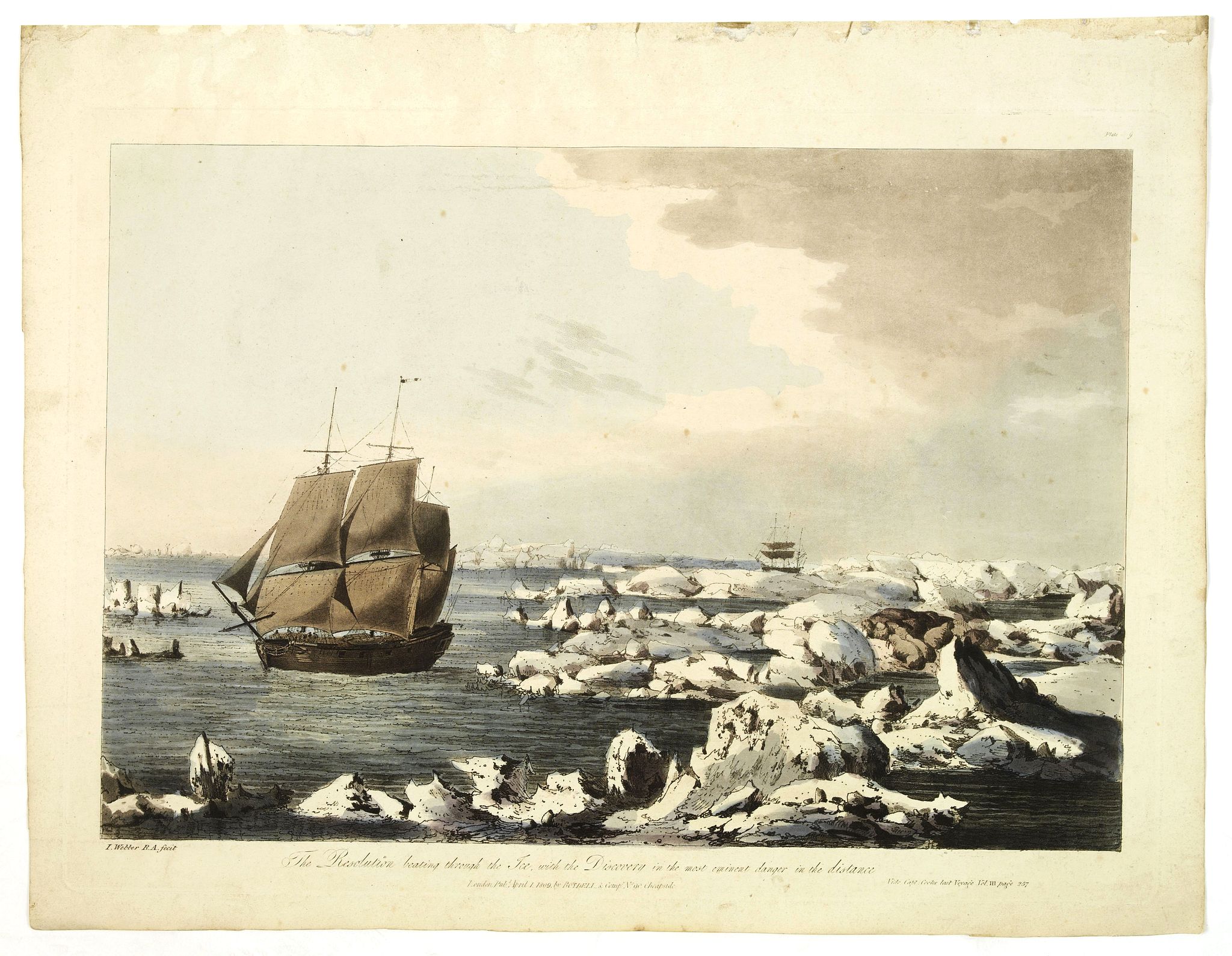 Old map by WEBBER - The resolution beating through the ice, with the discovery in the most eminent danger in the distance.