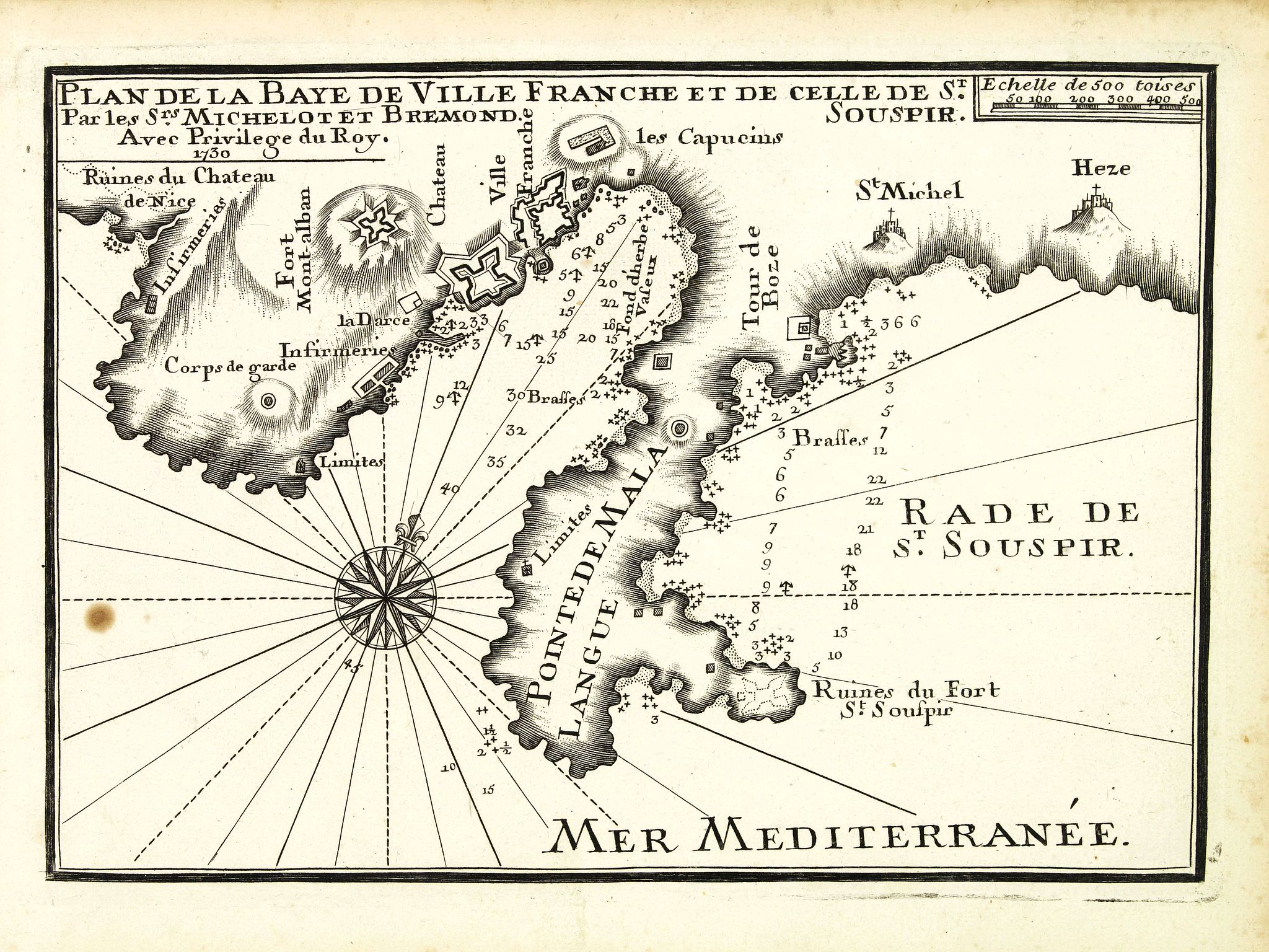 Old map by MICHELOT - Plan de la Baye de Ville Franche et de celle de St. Souspir.