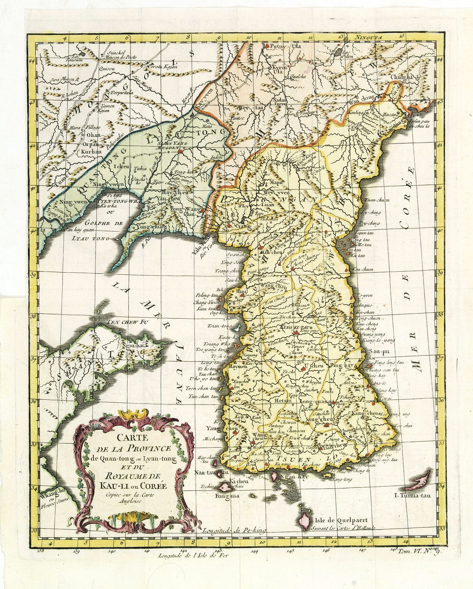 BELLIN, J.N., Carte de la province de Quan-tong, ou Lyau-tong et du Royaume de Kau-li. . ., antique map, old maps