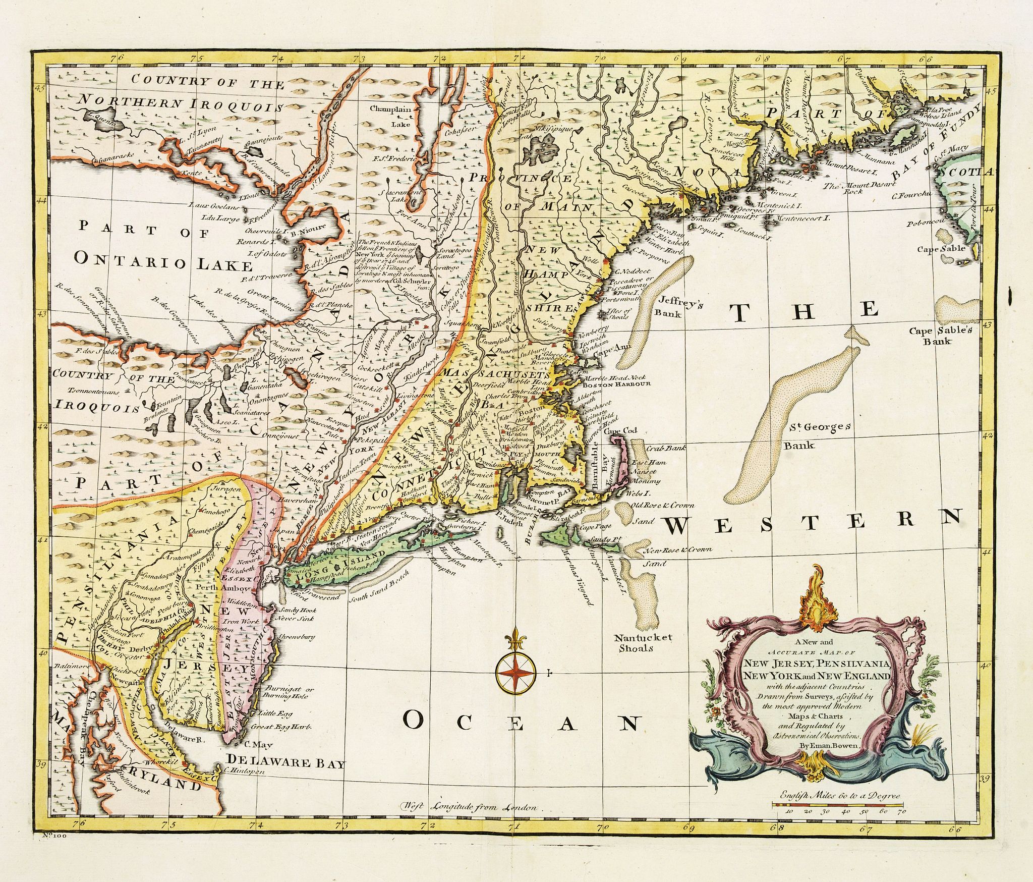 Old map by BOWEN - A new and accurate map of New Jersey, Pensilvania, New York and New England with the Adjacent Countries. . .