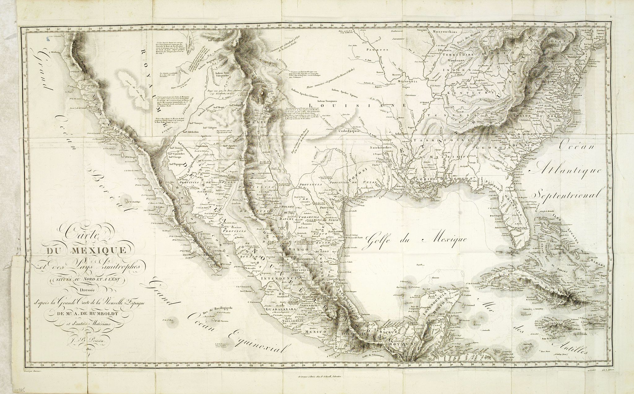 Old map by HUMBOLDT - Carte du Mexique et des Pays Limitrophes situés au Nord et a l'Est Dressée d'apres la Grande Carte de la Nouvelle Espagne de Mr. A. de Humboldt et d'autres . . .
