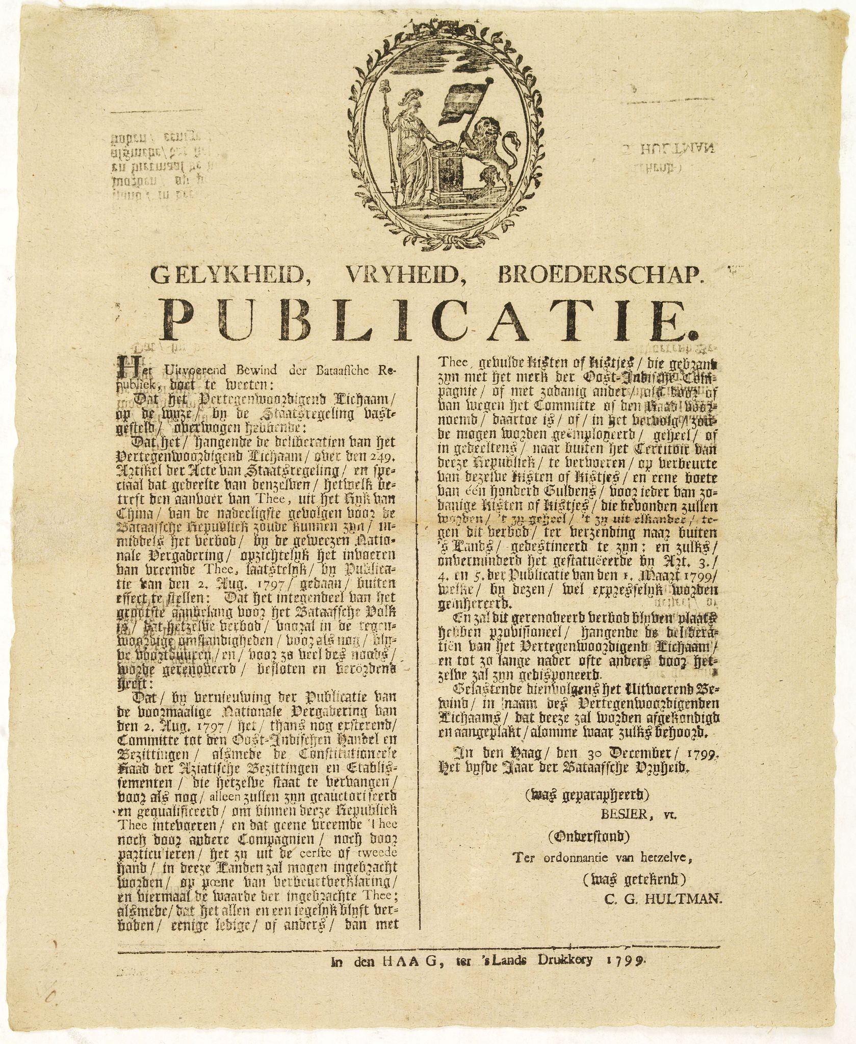 EAST INDIA COMPANY. (VOC),  Het uitvoerend bewind der Bataafsche Republiek, doet te weeten: [�] hangende de deliberatien (over) den aanvoer van thee, uit het rijk van China, antique map, old maps