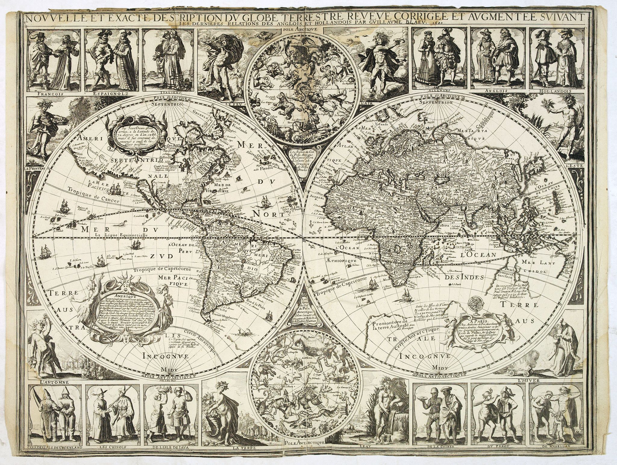 Old map by DE FER - Nouvelle et exacte description du globe terrestre reveue corrigée et augmente´e suivant les derniéres relations des Anglais et Hollandois. Par Guillaume Blaeu 1645.