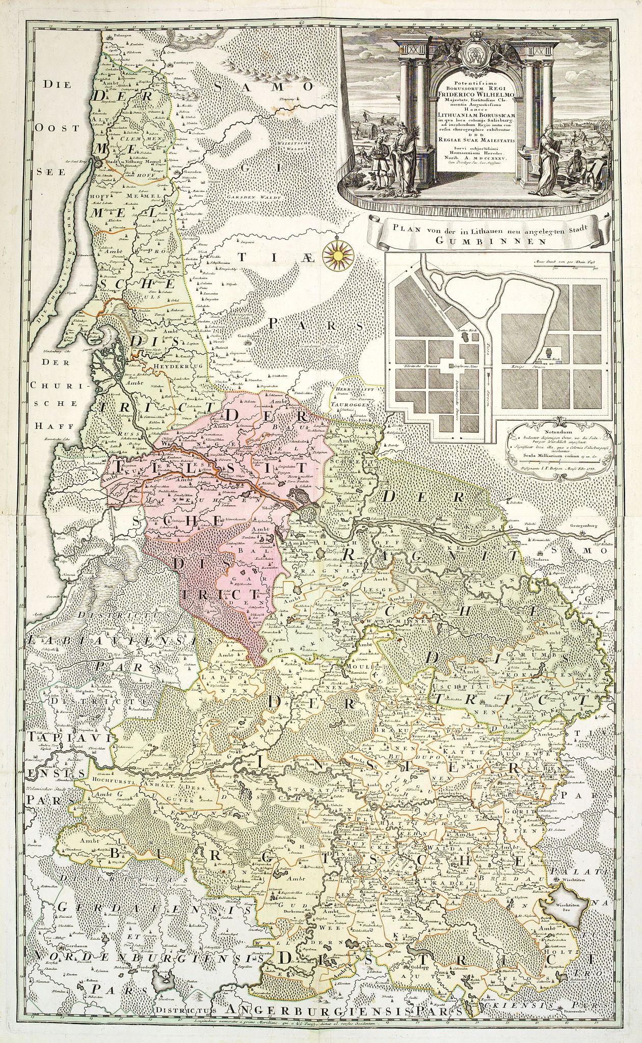 Old map by HOMANN HEIRS - Potentissimo Borussorum Regi Friderico Wilhelmo Maiestate, Fortitudine Clementia Augustissimo Hancce Lithuaniam Borussicam : in qua luca coloniis Salisburg., ad incolendum Regio nutu concessa chorographice exhibentur D. D. D. Regiae Suae Maiestatis.