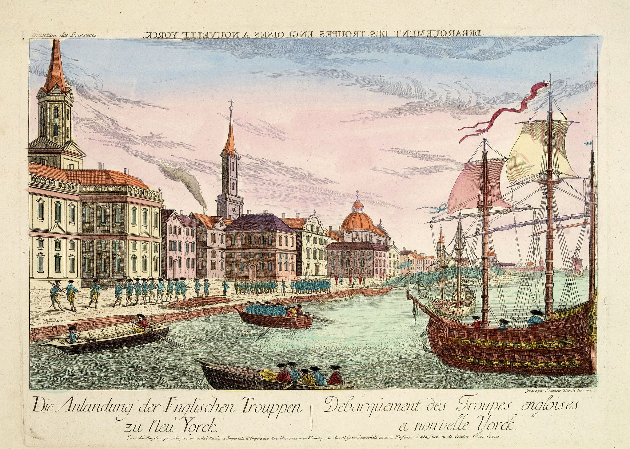 Old map by ACADEMIE IMPERIALE -Debarquement des troupes engloises a nouvelle York.