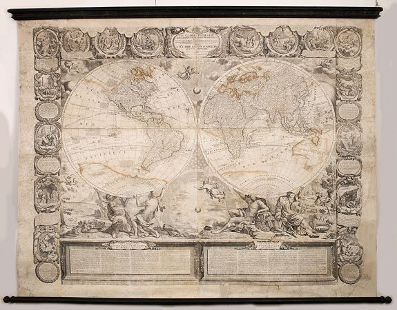 Old map by NOLIN - Le globe terrestre representé en deux plans-hemispheres, Dressé sur la Projection de Mr. De la Hyre…