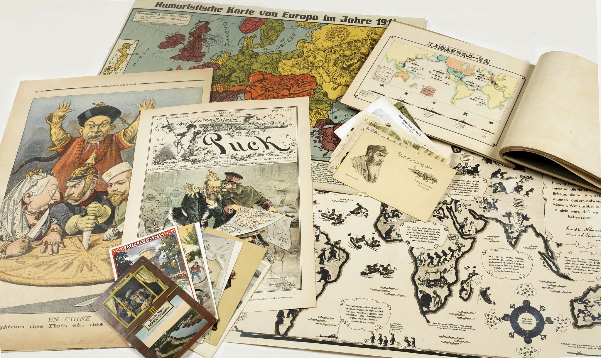 SEVERAL MAKERS, An interesting lot of World War I propaganda including some cartoons with map topics., antique map, old maps