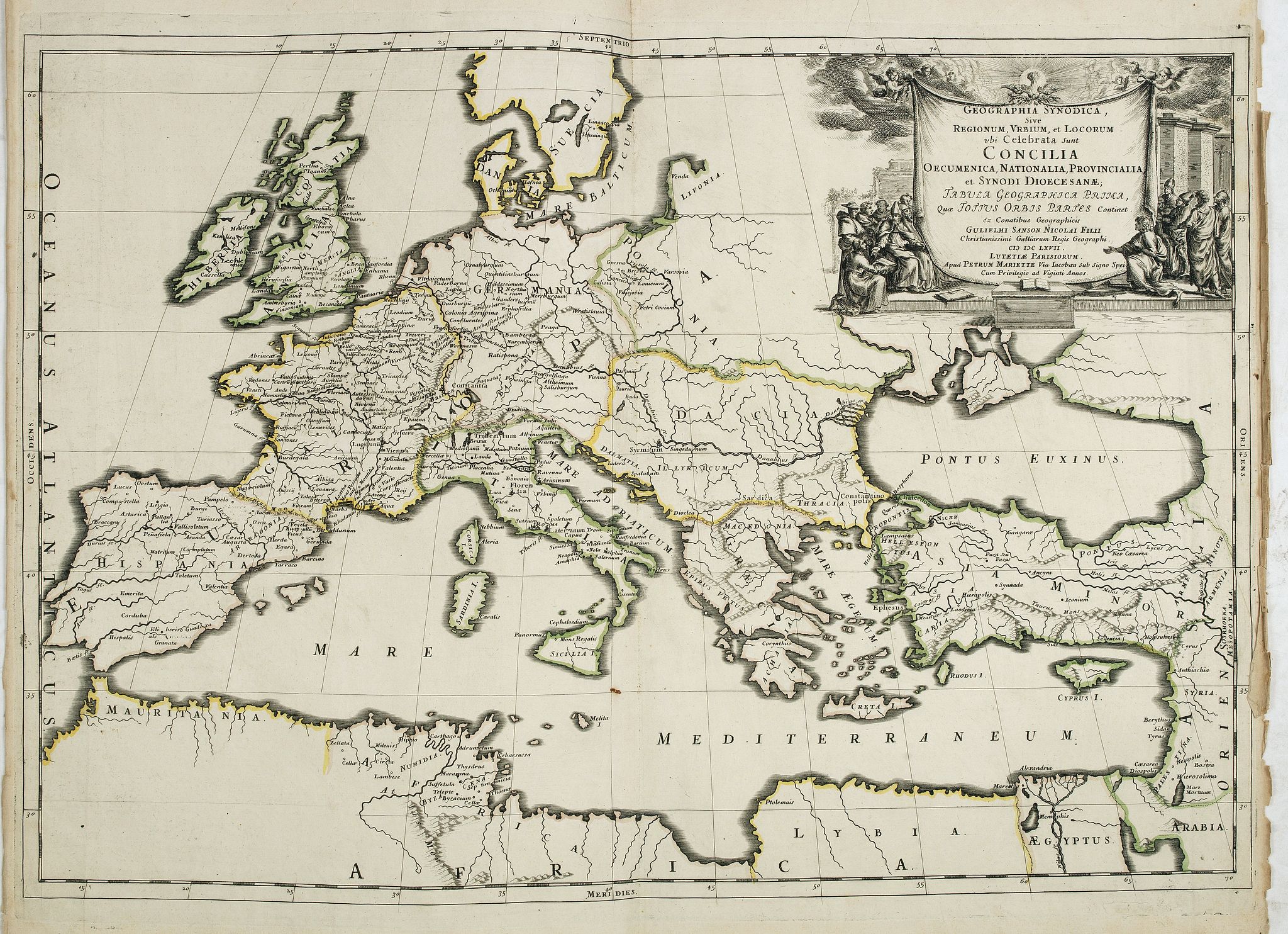 SANSON, N. / MARIETTE, P., Geographia Synodica, Sive Regionum, Vrbium, et Locorum vbi Celebrata Sunt Concilia Oecumenica, Nationalia, Provincialia et Synodi Dioecesanae, antique map, old maps
