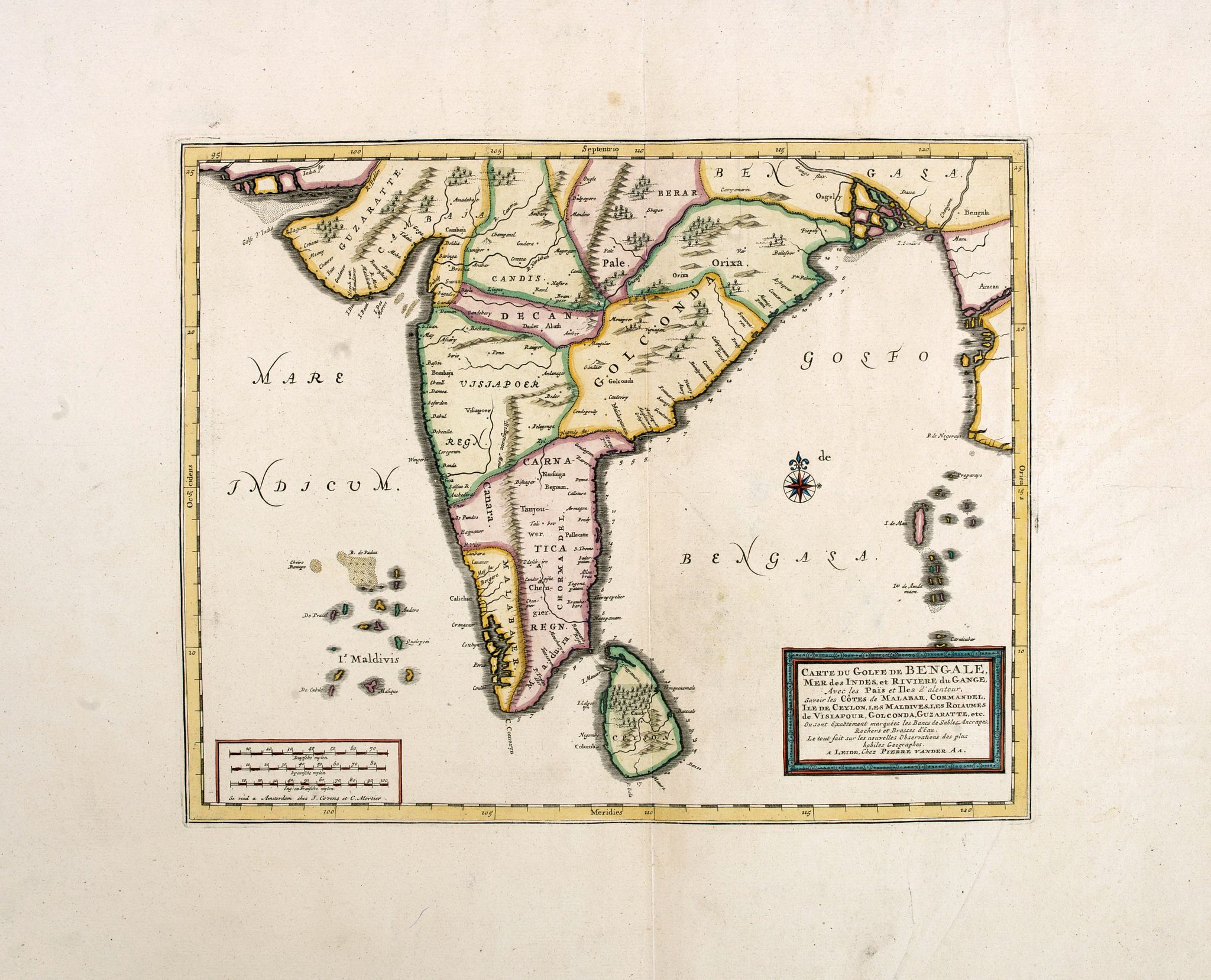 Old map by VANDER AA - Carte du Golfe de Bengale, Mer de Indes, et Riviere du Gange, Avec les Pais et Iles d'alentour, Savoir les Cotes de Malabar, Cormandel, Ile de Ceylon, Les Maldives . . .