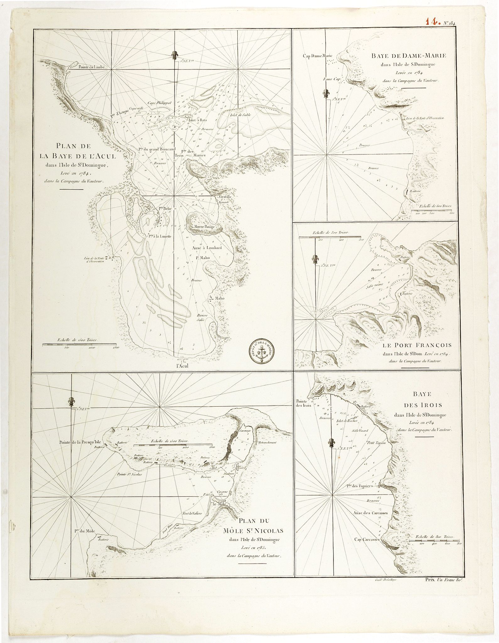 DÉPÔT GÉNÉRAL DE LA MARINE / COOK, J. / LANE, M., Plan de la Baye de l'Acul ( 5 plans on one sheet)., antique map, old maps