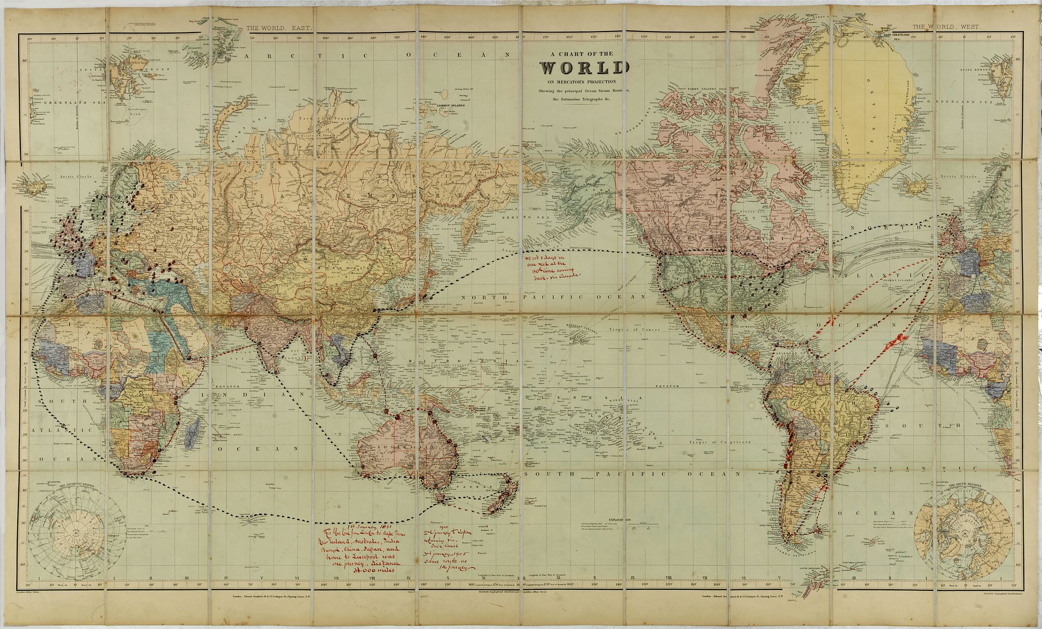 Old map by STANFORD - A Chart of the World on Mercator's Projection Shewing the Principal Ocean Steam Routes, the Submarine Telegraphs &c.