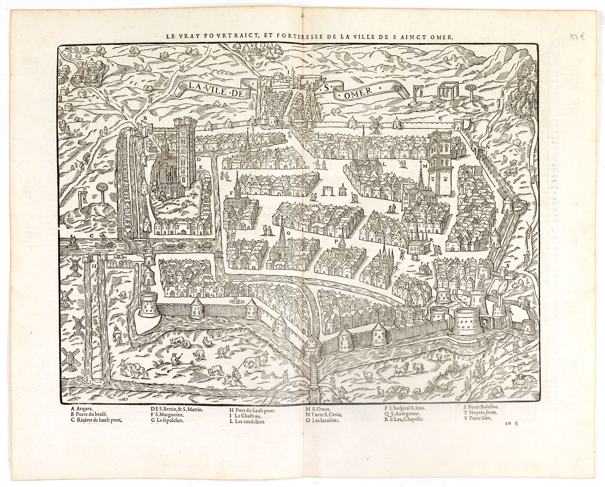 DE BELLEFOREST, F., Le Vray pourtraict, et forteresse de la ville de Sainct Omer., antique map, old maps