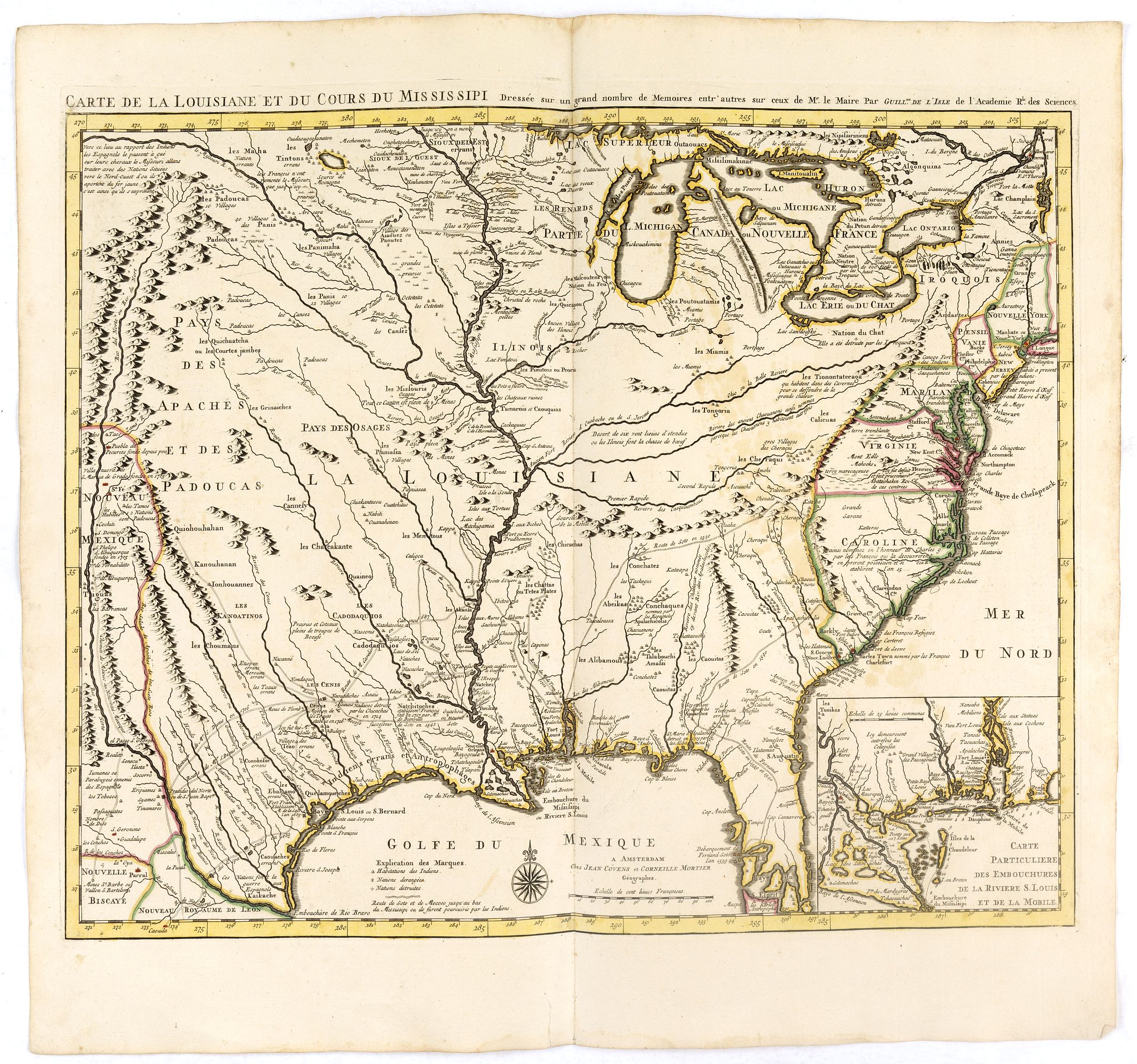 Old map by COVENS - Carte de la Louisiane et du Cours du Mississipi Dressée sur un grand nombre de Memoires..