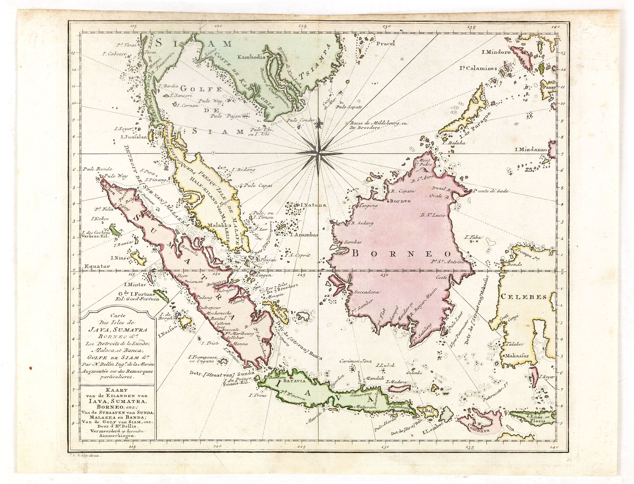 Old map by BELLIN - Carte des Isles de Java, Sumatra, Borneo. . . Malaca et Banca. . . / Kaart van de Eilanden van Java. . .