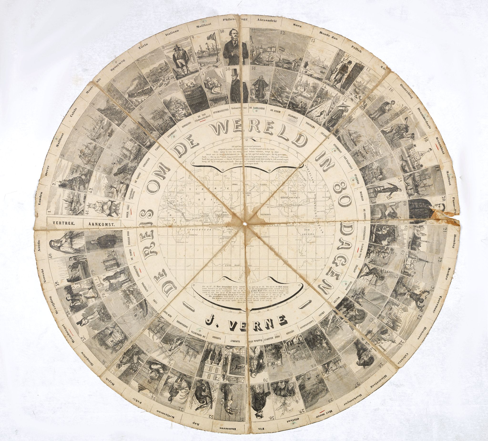 VAN SANTEN / KOSTER, Jules Verne - Board game - Around the world in 80 days - 1877, antique map, old maps