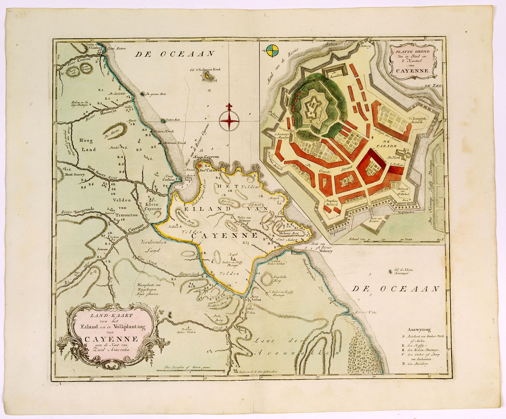 TIRION, I., Landkaart van het eiland en de volkplanting van Cayenne., antique map, old maps