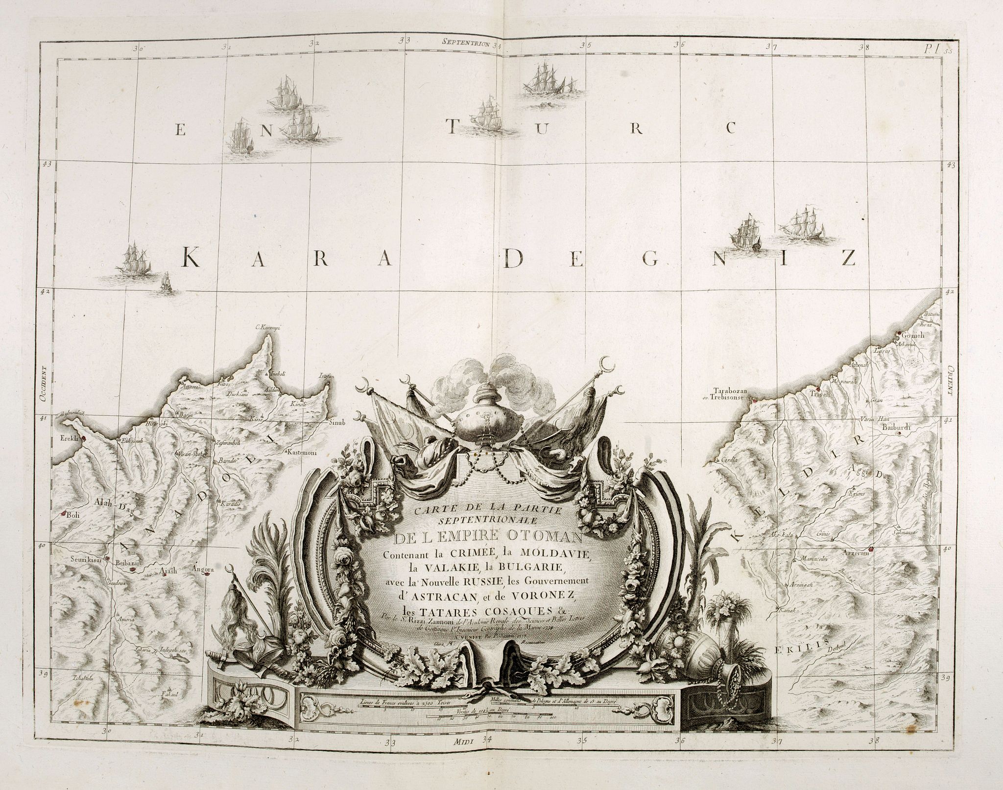 Old map by SANTINI - Carte de la partie septentrionale de l'empire Otoman. contenant la Crimée, la Moldavie, la Valakie, la Bulgarie, avec la nouvelle Russie, les gouvernement d'Astracan, et de Voronez, les Tatares cosaques &c. / par le Sr. Rizzi Zannoni. 1774