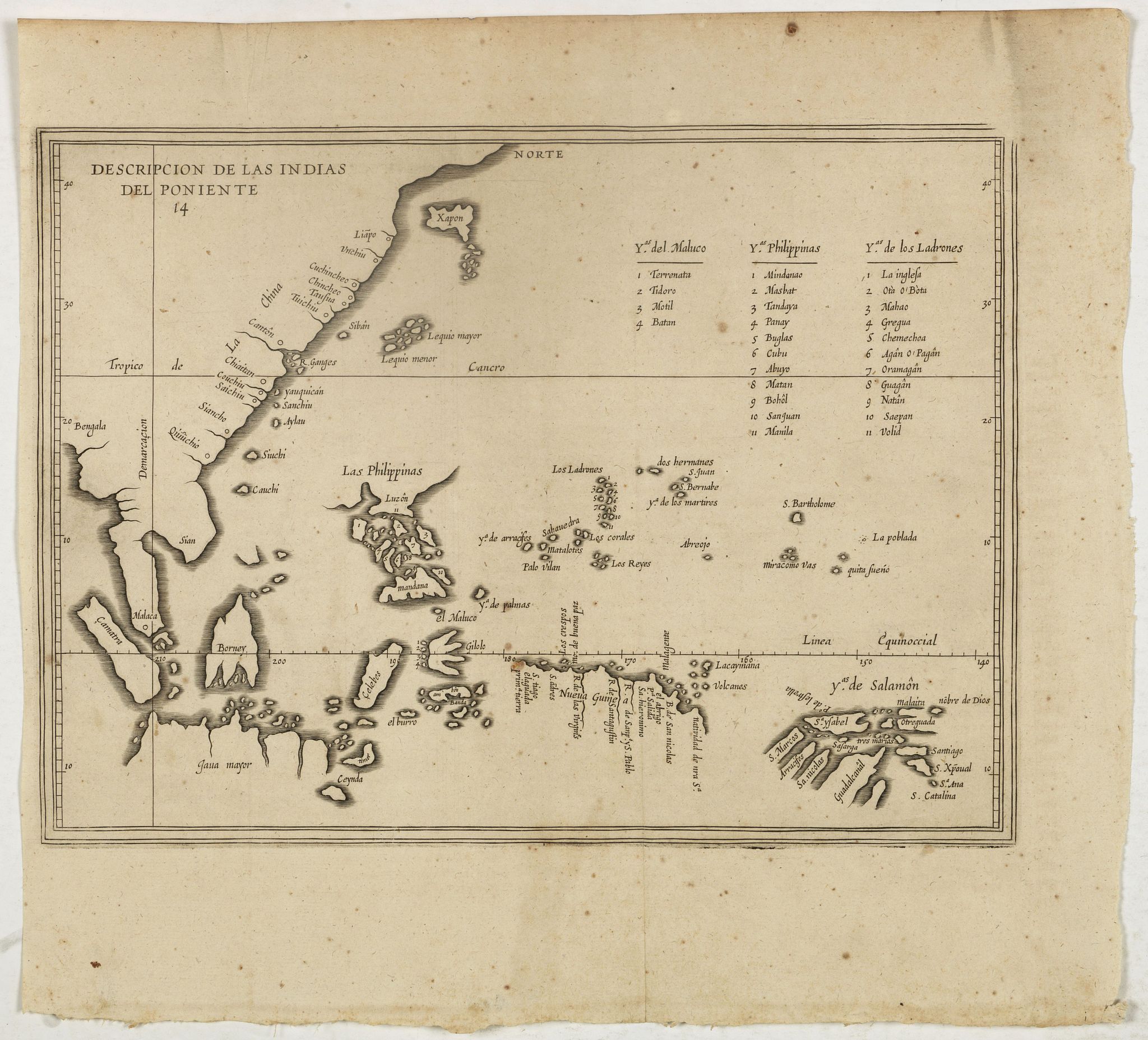 Old map by HERRERA y TORDESILLAS - Descripcion de las indias del Poniente. 14.