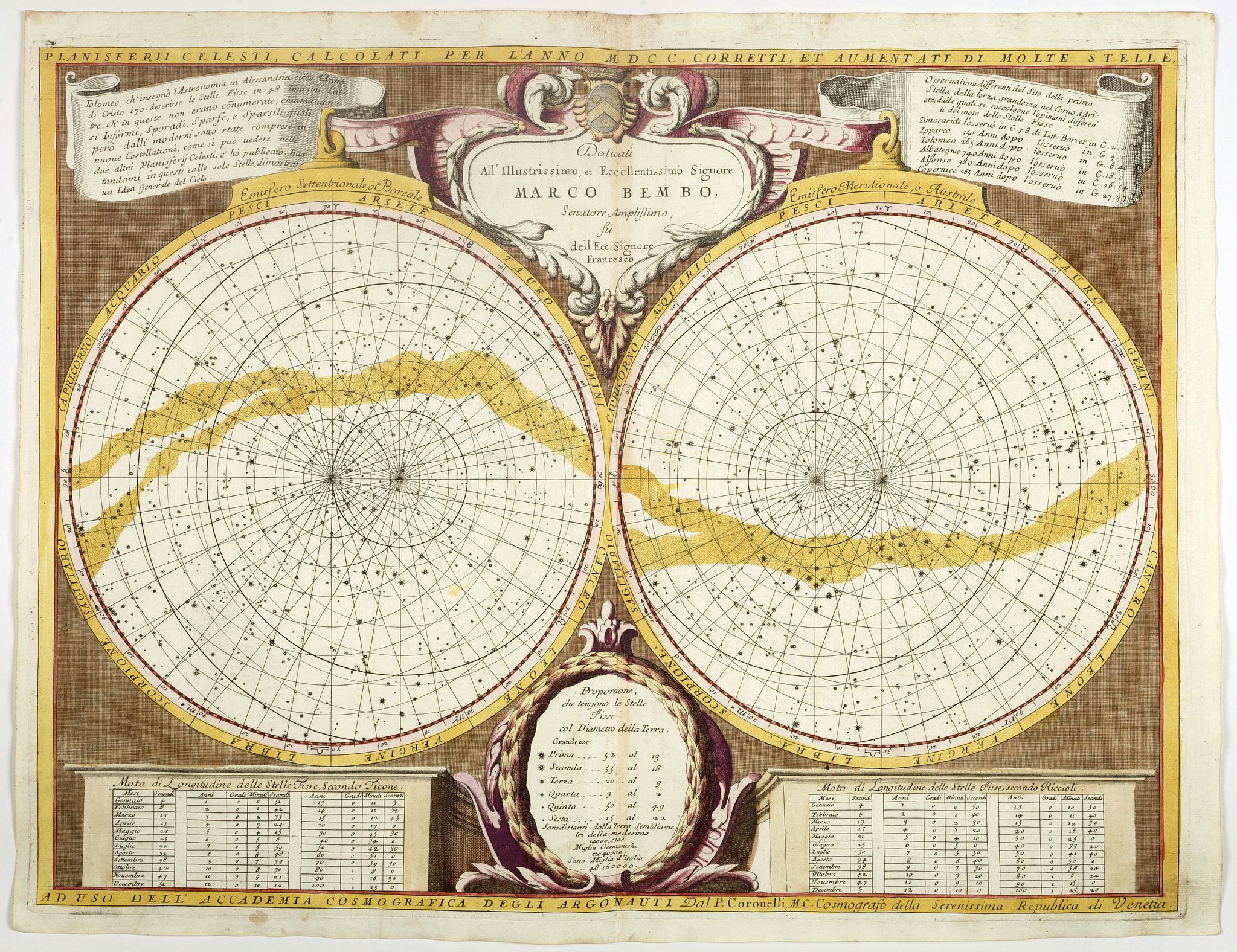 CORONELLI, V., Planisferii Celesti, Calcolati Per L'Anno MDCC, Corretti, Et Aumenati Di Molte Stelle . . ., antique map, old maps