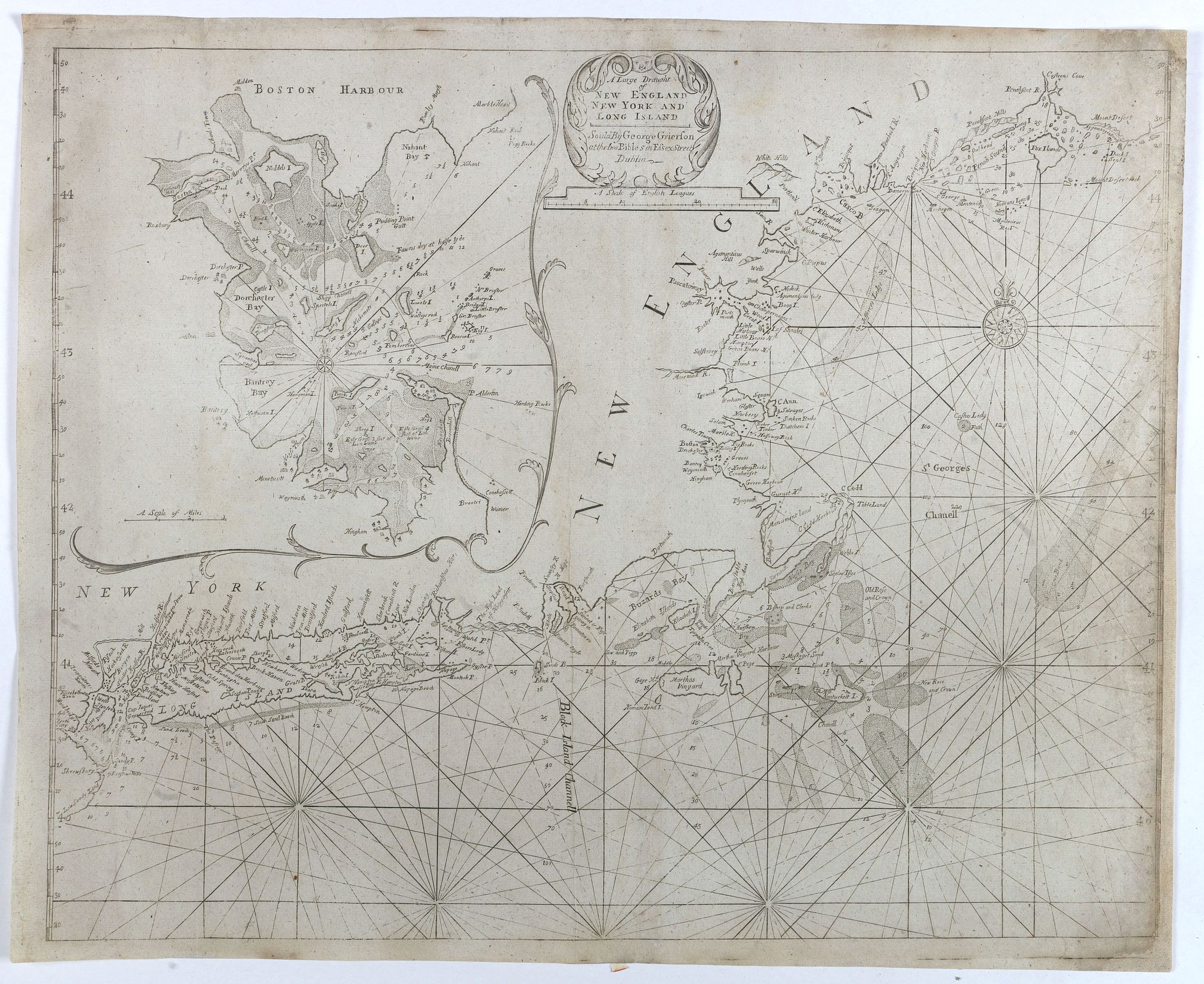 Old map by MOUNT & PAGE / BOULTER GRIERSON -A Large Draught of New England New York and Long Island.