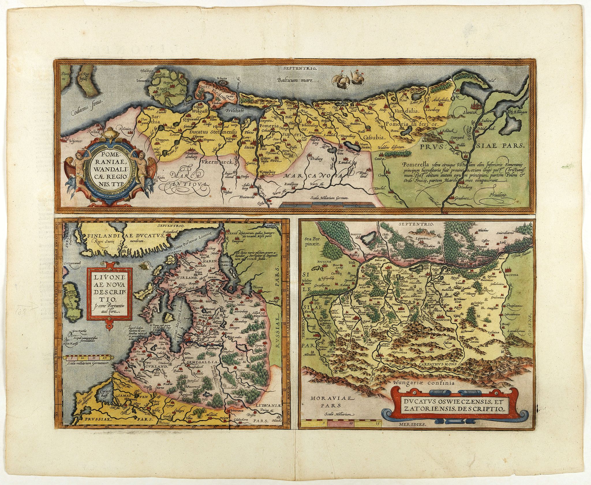ORTELIUS, A., Pomeraniae, Wandalicae Regionis, Typ. - Livoniae Nova Descriptio, Ioanne Portantio auctore. - Ducatus Oswieczensis, et Zatoriensis, Descriptio., antique map, old maps
