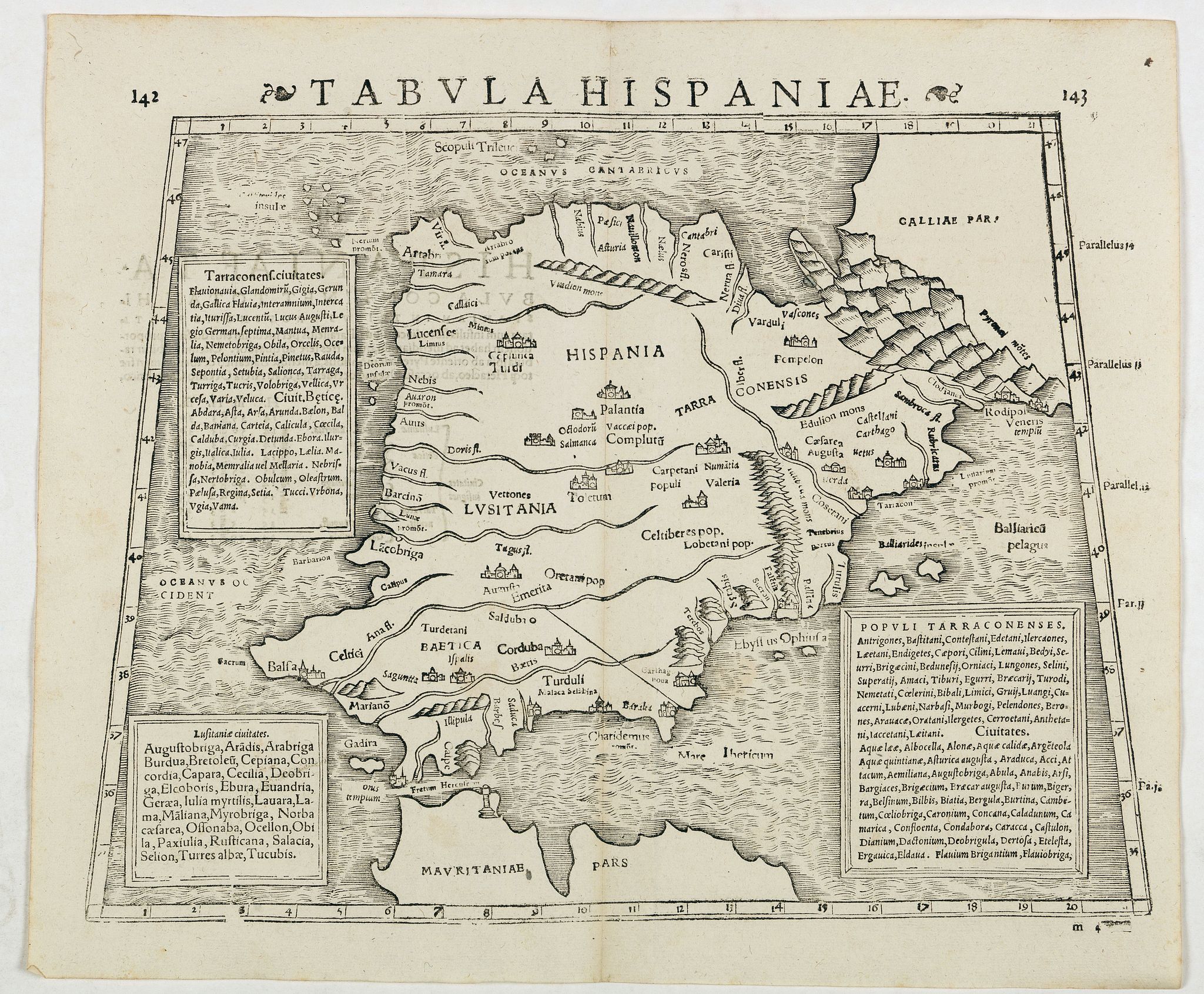 STRABO / MUNSTER, S., Tabula Hispaniae. (Spain and Portugal), antique map, old maps